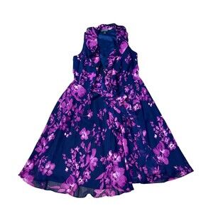 Ralph Lauren Women's 10 Navy Blue Purple Floral Chiffon Ruffled Wrap Dress